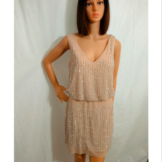 Xscape Beige Sleeveless Dress With Silver Accents